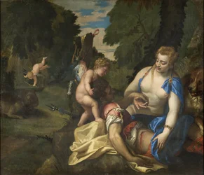 Venus pleurant Adonis - Venus Mourning Adonis, av Veronese, Paolo (1528-1588). Olja på duk. Mått: 145x173,5 cm. Nationalmuseum Stockholm