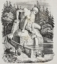 Apenninernas koloss (av Giambologna) i parken vid Villa Demidoff (Villa Medicea di Pratolino), Vaglia, Toscana, Italien, litografi av Giovanni Mariani ur Poliorama Pittoresco, nr 10, 15 oktober