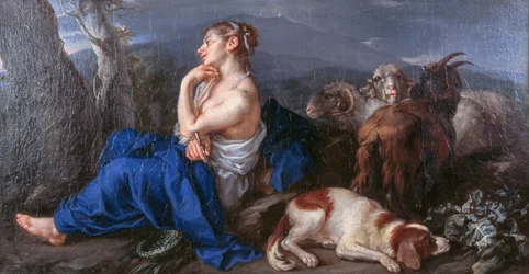 Erminia skriver namnet på sin älskade på trädstam, av Francesco Fernandi känd som Imperiali (1679-1740), olja på duk, 42x80 cm