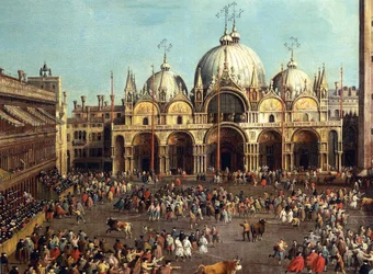 Tjurfäktning eller tjurjakt på Piazza San Marco, av Giovanni Antonio Canal, känd som Canaletto (1697-1768) och av Giovanni Battista Cimaroli (1687-efter 1753), olja på duk, 99x145 cm