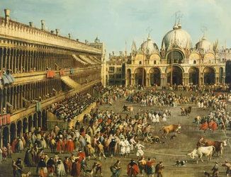 Tjurfäktning eller tjurjakt på Piazza San Marco, av Giovanni Antonio Canal (1697-1768) och av Giovanni Battista Cimaroli (1687-efter 1753), olja på duk, 99x145 cm