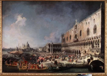 ""Greve Gergys ingång, Frankrikes ambassadör, vid Venedigs hertigpalats"" (den franska ambassadörens ankomst till Venedig) Målning av Giovanni Antonio Canal, Said Canaletto (1697-1768)