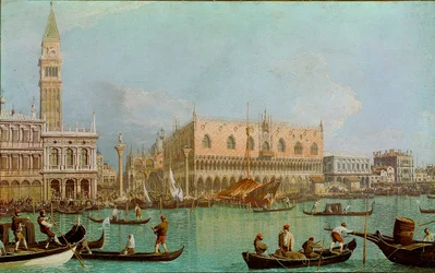 Mullvaden med hertigpalatset i Sankt Markus bassäng. Utsikt över Venedig, Dogepalatset och Markusplatsen tagen från kanalen. Målning av Giovanni Antonio Canal dit il Canaletto (1697-1768)