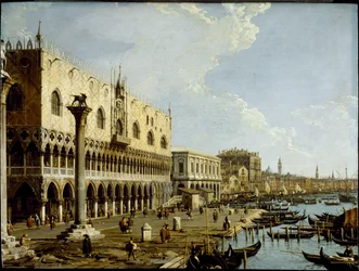 Venedig: utsikt över Dogepalatset och Riva degli Schiavoni från Piazzetta, ca 1729 (olja på kopparpanel)