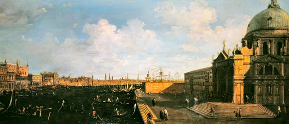 Utsikt över Canal Grande och Santa Maria della Salute (olja på panel)