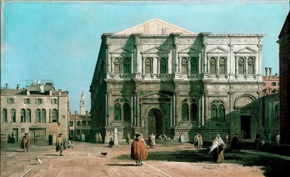 Utsikt över skolan San Rocco (Saint Roch) i Venedig Målning av Giovanni Antonio Canal (1697-1768) 1730-1731 Sön. 47x80 cm England, Woburn Abbey