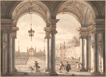 ""Utsikt över en barockkolonnad med utsikt över en trädgård"" (View through a Baroque Colonnade into a Garden) Pennteckning av Antonio Canal dit Canaletto (1697-1768) 1760-1768 Dim 33,1x45,4 cm Albertina , Wien