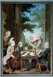 Herrarna Duport, Vachon, Rodolphe, Provers och Vernier - Porträtt av en grupp musiker under en konsert. Akvarell av Louis Carrogis (1717-1806), kallad Carmontelle. 1700-talet. 0,34 x 0,23 m. Chantilly, Musée Condé