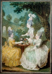 Damerna från Montesson, Crest och Damaskus tar akvarellen av Louis carrogis dit Carmontelle (1717-1806) 1773. Paris, Musee Carnavalet