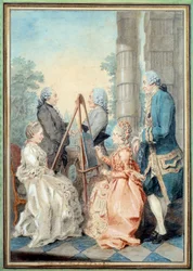 Fru och fröken Chatelain, herr Brot och herr de la Myre. Akvarell av Louis Carrogis Carmontelle (1717-1806)
