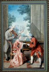 Mademoiselle Delou, Monsieur Philippe och Monsieur de Texier En gentleman hyllar en ung pianist. Akvarell av Louis Carrogis, dit Carmontelle (1717-1806) 1700-talets Paris, Musee Carnavalet - Mademoiselle Delou, Monsieur Philippe och Monsieur d