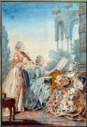 De tre döttrarna till kompositören Joseph Nicolas Pancrace Royer (1705-1755) framför partituret till baletten Zaide Aquarelle av Louis Carrogis Carmontelle (1717-1806) 1760 Paris, Musee Carnavalet