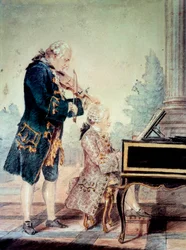 Wolfgang Amadeus Mozart (1756-1791) som barn vid pianot med sin far Leopold. Akvarell av Louis Carrogis Carmontelle (1717-1806), 1777, Paris, Musée Carnavalet