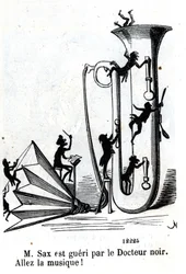 Herr Sax såras av den svarta läkaren. Adolphe (Adolph) Sax, saxofonens uppfinnare (1814-1894)