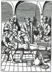 Vattentortyr, efter ett träsnitt i "Praxis Rerum Criminalium" av Joos de Damhouder (1507-81) publicerad i Antwerpen