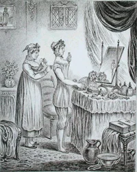 Progress of the Toilet: the Stays, etsat av James Gillray (1757-1815) publicerad av Hannah Humphrey 1810 (etsning)
