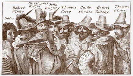 The Gunpowder Plot Conspirators, efter en gravering (gravering) fra 1606