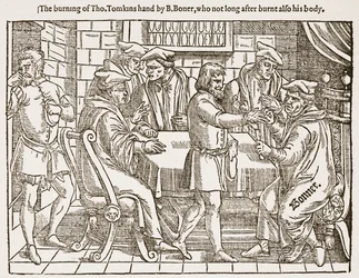 Förbränningen av Tho. Tomkins hand av B. Boner, som inte långt efter brände även hans kropp, illustration från 