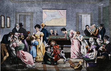 Biljardrum i artonhundratalet, graverat av Market (färg litho)