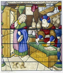 Judens historia på Rue des Billettes - faksimil av ett målat glas, St Alpin Church i Chalon