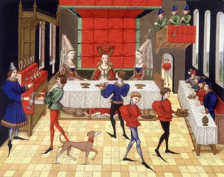 Bordsservering i en chatelaine - faksimil av en miniatyr av Renaud de Montaubans romerska