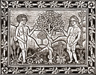 Trädet från vilket Adam åt äpplet, faksimil från en meditationsbok, den första boken som trycktes i Albi, Languedoc, 1481