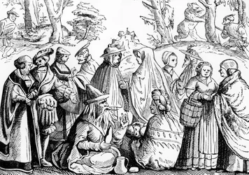 Gipsies spådom, efter ett träsnitt i "Cosmographie Universelle" av Munster, utgiven 1552 (litografi) (svartvitt foto)