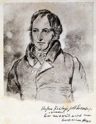 Porträtt av Georg Wilhelm Friedrich Hegel (1770-1831), tysk filosof och idealist. Gravyr efter teckning av G. Hensel.