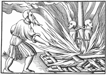 Straff genom eld, efter ett träsnitt i "Cosmographie Universelle" av Munster, utgiven 1552 (litografi) (svartvitt foto)