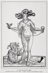 Kvinna och galning som kittlar sin penis med en blomma, "Der Rarr und das Weib "", "Geschichte des Erotischen Kunst"av Edouard Fuchs, Berlin
