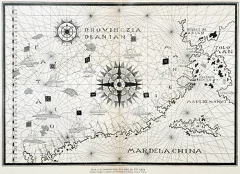 Karta över kompasssolen från en 1500-talsatlas, baserad på originalet som finns bevarat i biblioteket på Museo Civico i Venedig