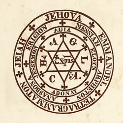 Ockulta vetenskaper: magisk cirkel. Schema ur «De Occulta Philosophia» av den tyske ockultistiske lärde Henry Cornelius Agrippa av Nettesheim (1486-1535), känd som Cornelius Agrippa eller Agrippa av Nettesheim