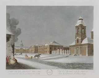Vy över arsenalet och gjuteriet i St. Petersburg, illustration för december från "Ett år i St. Petersburg" etsad av John H. Clark, färgad av M. Dubourg, pub. 1815 i London av Edward Orme (färgad litho)