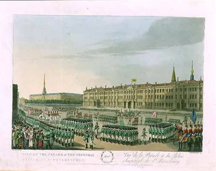 Vy över paraden och det kejserliga slottet i St. Petersburg, illustration för april från "Ett år i St. Petersburg" etsad av John H. Clark, färgad av M.Dubourg, pub. 1815 i London av Edward Orme (färgad gravyr)