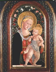 Madonna och barn, barn som står och håller en fågel
