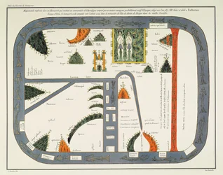 Karta över världen, från ett manuskript av en kommentar till apokalypsen, skriven c.787 och kopierad c.1109 i klostret Silos, Burgos, Spanien (litho)