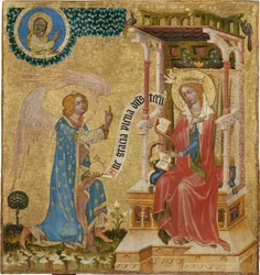 Bebådelsen - Mästare i Hohenfurth (maître de Vyssi Brod) (aktiv ca 1350). Tempera på panel, ca 1350. Nationalgalleriet, Prag