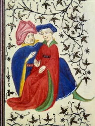 En galant scen. Detalj av en sida av manuskriptet "Les Tres Riches Hours du Duke Francois de Guise"" belyst av Mästaren av Boucicaut. 1400-talet. Musee Conde, Chantilly.