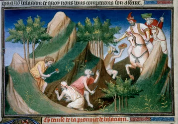 Utvinning av rubiner från berget Sighinan på order av kungen av Badakhchan (regionen i Persien) Miniatyr hämtad från "" The Book of Wonders""" ("" Devisement of the World""", "" Il Milione") av Marco Polo (1254-1324) illustrerad av Mästaren på