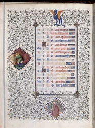 Manuskriptsidan "" Les Tres Riches Hours du Duke Francois de Guise""" dekorerade zodiakens tecken och representation av jordbruksarbete, skörden. Miniatyr av mästaren av Boucicaut