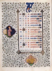 Sidan i manuskriptet "" Les Tres Riches Hours du Duke Francois de Guise"" upplyst av Mästaren av Boucicaut: representation av zodiakens tecken och scener i det dagliga livet: lejonet. 1400-talet. Musee Conde, Chantilly