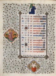 Sidan i manuskriptet "" Les Tres Riches Hours du Duke Francois de Guise"" upplyst av mästaren från Boucicaut: representation av zodiakens tecken och scener i vardagen: ädelstenar. 1400-talet. Musee Conde, Chantilly