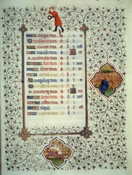 Sidan i manuskriptet "" Les Tres Riches Hours du Duke Francois de Guise"" upplyst av mästaren från Boucicaut: representation av zodiakens tecken och scener i det dagliga livet: skytten och en betailuppfödare. 1400-talet. Musee Conde, Chantil