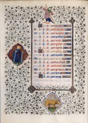 Sidan i manuskriptet "" Les Tres Riches Hours du Duke Francois de Guise"" upplyst av Mästaren av Boucicaut: representation av zodiakens tecken och scener i vardagen: tjuren. 1400-talet. Musee Conde, Chantilly