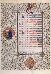 Sidan i manuskriptet "Les Tres Riches Hours du Duke Francois de Guise" som belysts av Boucicaut-mästaren: representation av zodiakens tecken och jordbruksarbete: balans och skörd. 1400-talet. Musee Conde, Chantilly