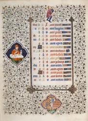 Sidan i manuskriptet "" Les Tres Riches Hours du Duke Francois de Guise"" upplyst av mästaren från Boucicaut: representation av zodiakens tecken och scener i det dagliga livet: Vattumannen och en måltidsscen. 1400-talet. Musee Conde, Chantilly