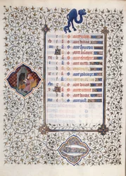 Sidan i manuskriptet "" Les Tres Riches Hours du Duke Francois de Guise"" upplyst av mästaren från Boucicaut: en representation av zodiakens tecken och vardagsscener: fisk och en man som värmer upp framför en skorsten. 1400-talet. Musa