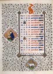 Sidan i manuskriptet "" Les Tres Riches Hours du Duke Francois de Guise"" upplyst av mästaren från Boucicaut: representation av zodiakens tecken och scener i det dagliga livet: beliaren och en man som klipper flätad. 1400-talet. Musee Conde, Chantilly