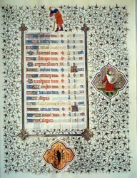 Sidan i manuskriptet "" Les Tres Riches Hours du Duke Francois de Guise"" upplyst av mästaren från Boucicaut: representation av zodiakens tecken och scener i vardagen: skorpion och plantering. 1400-talet. Musee Conde, Chantilly