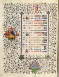 Sidan i manuskriptet "" Les Tres Riches Hours du Duke Francois de Guise"" upplyst av Mästaren av Boucicaut: representation av zodiakens tecken och scener i det dagliga livet: Stenbocken och jakten på vildsvin. 1400-talet. Musee Conde, C